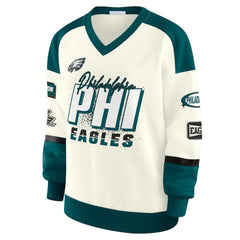 Philadelphia Eagles WEAR by Erin Andrews Women's Racing Crew V-Neck Sweatshirt - Cream outlet