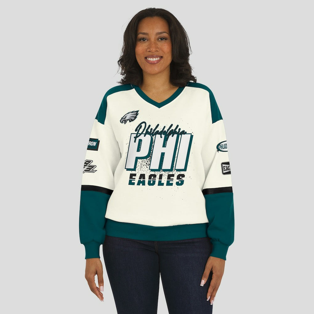 Philadelphia Eagles WEAR by Erin Andrews Women's Racing Crew V-Neck Sweatshirt - Cream outlet