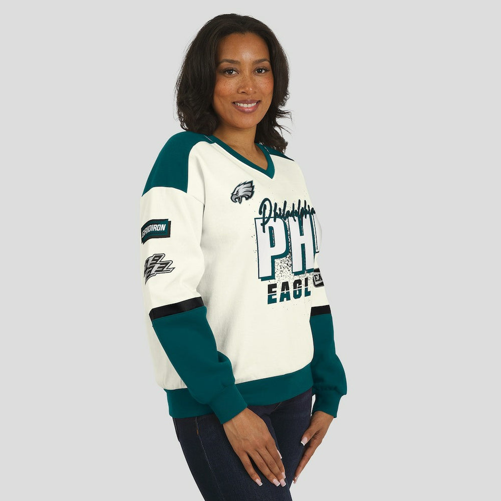 Philadelphia Eagles WEAR by Erin Andrews Women's Racing Crew V-Neck Sweatshirt - Cream outlet