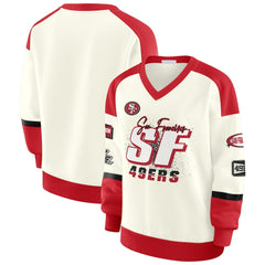 San Francisco 49ers WEAR by Erin Andrews Women's Racing Crew V-Neck Sweatshirt - Cream sale