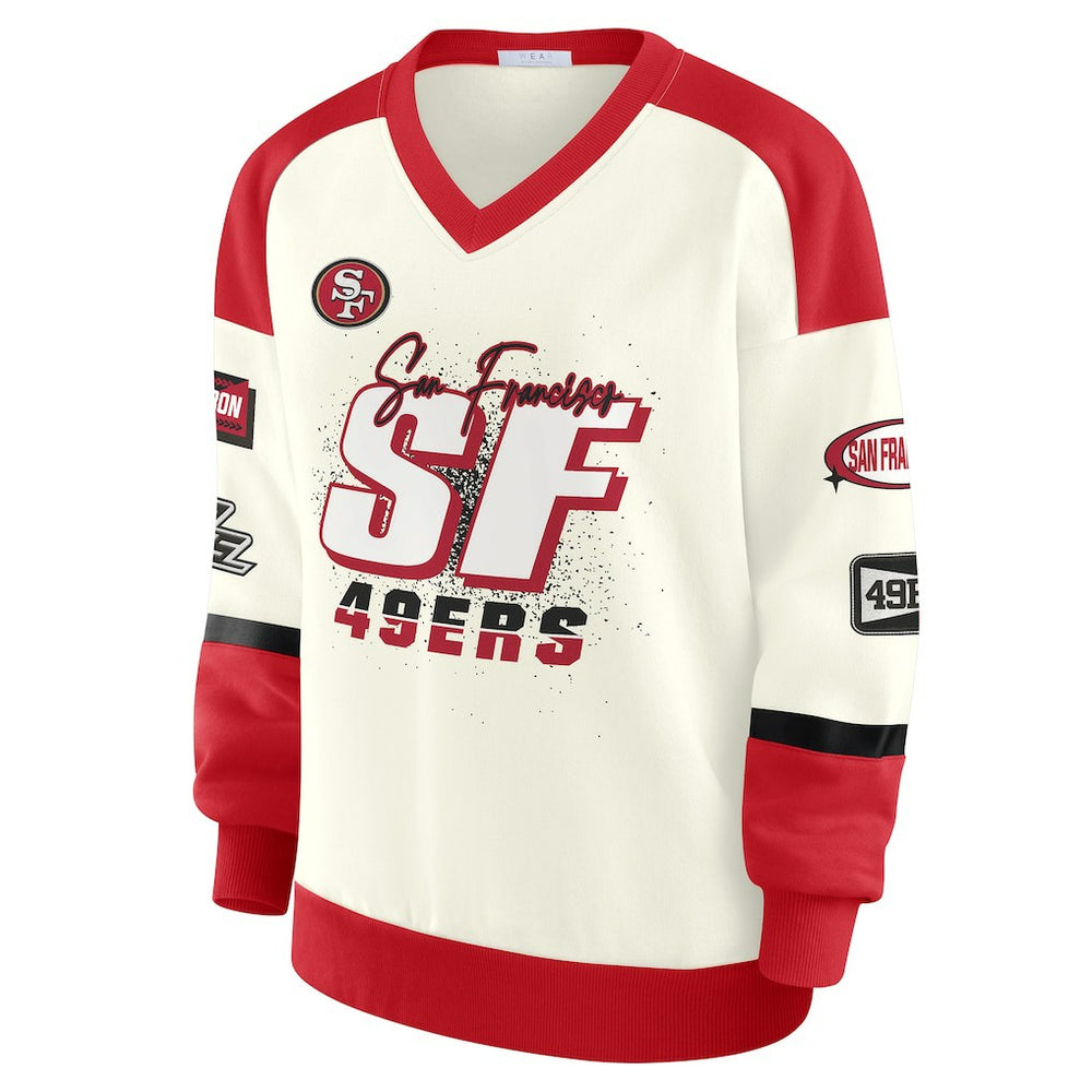 San Francisco 49ers WEAR by Erin Andrews Women's Racing Crew V-Neck Sweatshirt - Cream sale