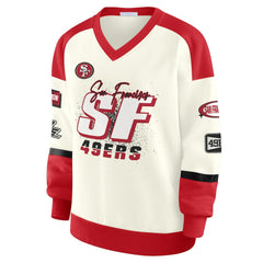 San Francisco 49ers WEAR by Erin Andrews Women's Racing Crew V-Neck Sweatshirt - Cream sale