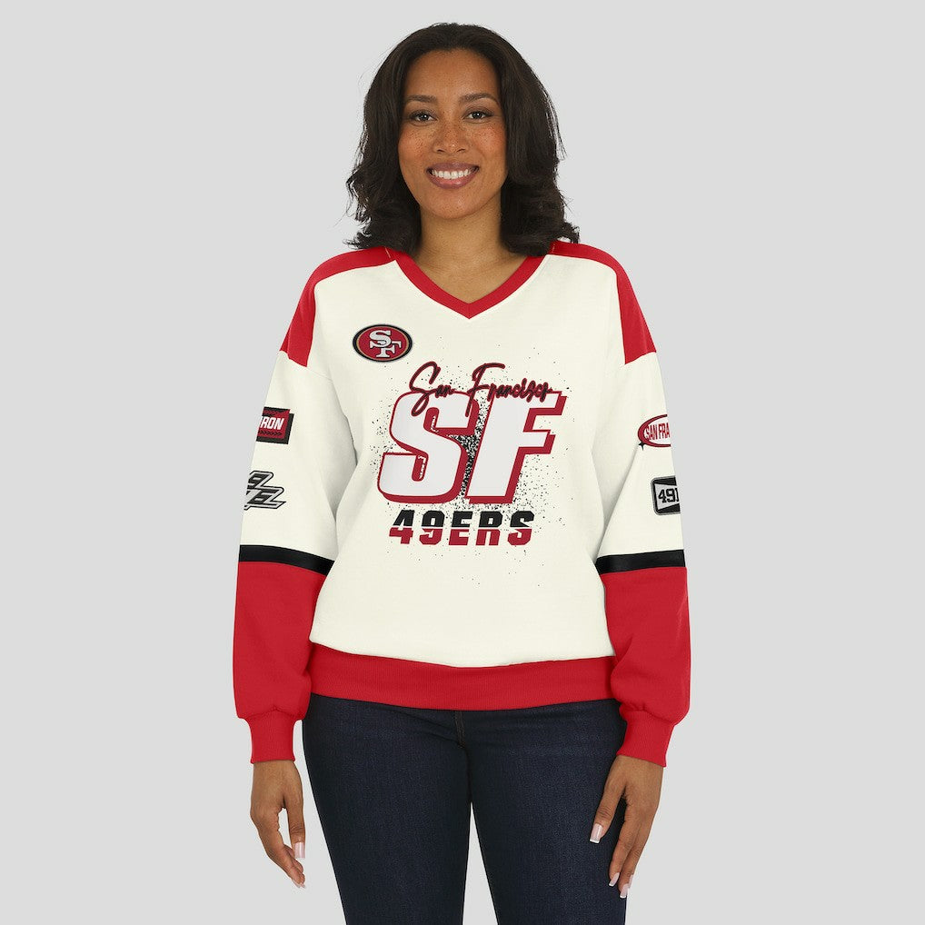 San Francisco 49ers WEAR by Erin Andrews Women's Racing Crew V-Neck Sweatshirt - Cream sale