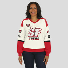 San Francisco 49ers WEAR by Erin Andrews Women's Racing Crew V-Neck Sweatshirt - Cream sale