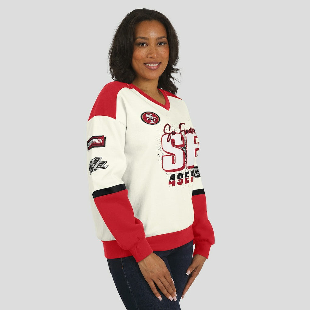 San Francisco 49ers WEAR by Erin Andrews Women's Racing Crew V-Neck Sweatshirt - Cream sale