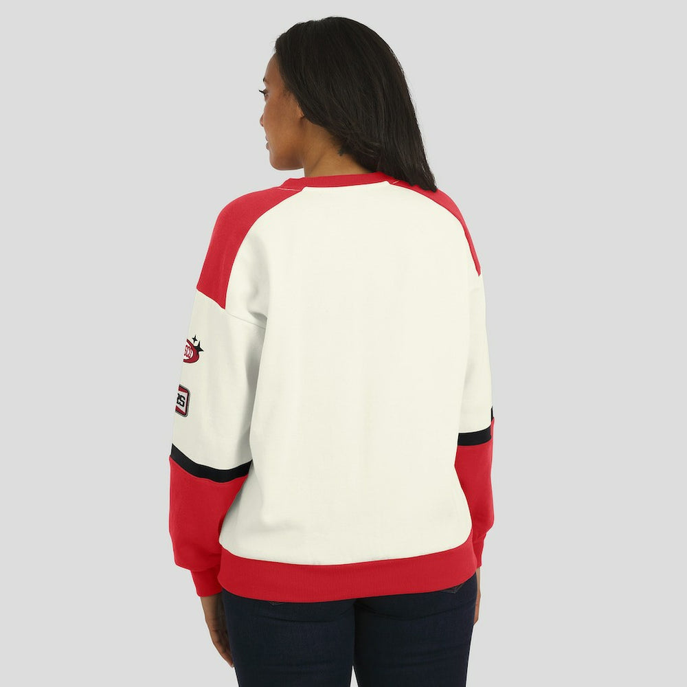 San Francisco 49ers WEAR by Erin Andrews Women's Racing Crew V-Neck Sweatshirt - Cream sale
