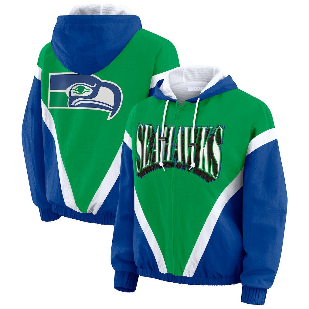 Seattle Seahawks WEAR by Erin Andrews Women's Plus Size Retro Crinkle Full-Zip Hoodie Windbreaker Jacket - Kelly Green/Royal sale