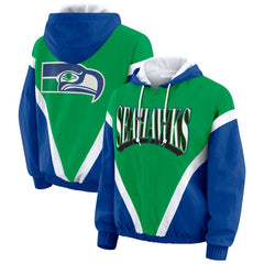 Seattle Seahawks WEAR by Erin Andrews Women's Plus Size Retro Crinkle Full-Zip Hoodie Windbreaker Jacket - Kelly Green/Royal sale