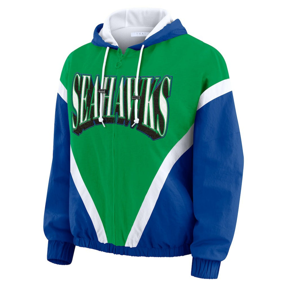 Seattle Seahawks WEAR by Erin Andrews Women's Plus Size Retro Crinkle Full-Zip Hoodie Windbreaker Jacket - Kelly Green/Royal sale