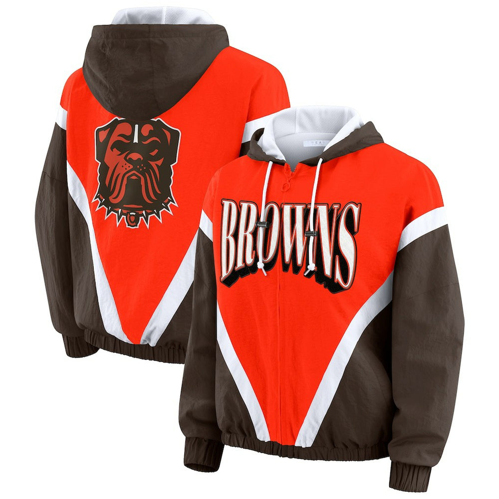 Cleveland Browns WEAR by Erin Andrews Women's Plus Size Retro Crinkle Full-Zip Hoodie Windbreaker Jacket - Orange/Brown online
