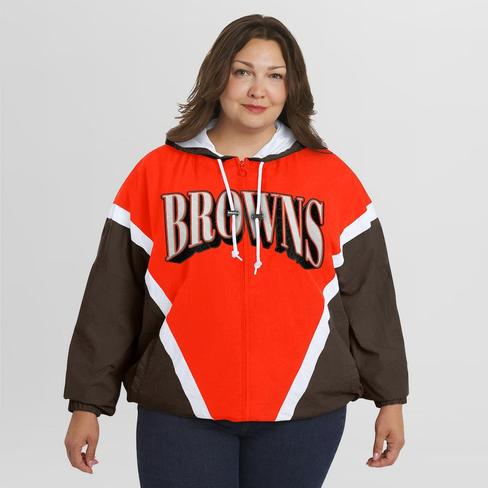 Cleveland Browns WEAR by Erin Andrews Women's Plus Size Retro Crinkle Full-Zip Hoodie Windbreaker Jacket - Orange/Brown online