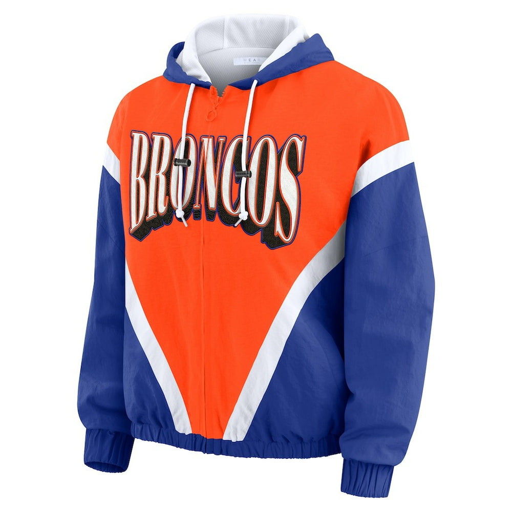 Denver Broncos WEAR by Erin Andrews Women's Plus Size Retro Crinkle Full-Zip Hoodie Windbreaker Jacket - Orange/Royal for sale