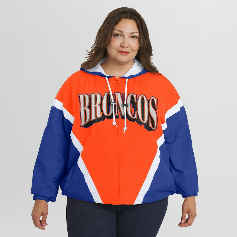 Denver Broncos WEAR by Erin Andrews Women's Plus Size Retro Crinkle Full-Zip Hoodie Windbreaker Jacket - Orange/Royal for sale