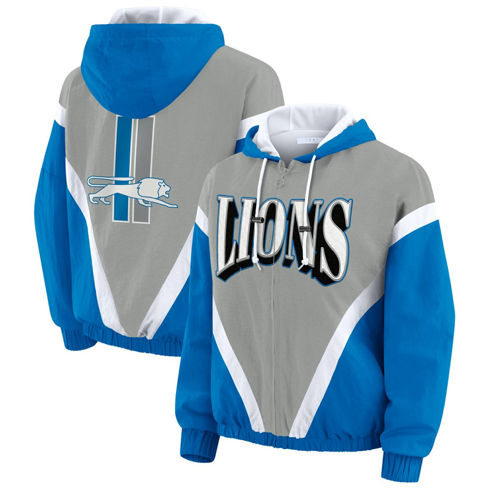 Detroit Lions WEAR by Erin Andrews Women's Plus Size Retro Crinkle Full-Zip Hoodie Windbreaker Jacket - Blue/Gray online