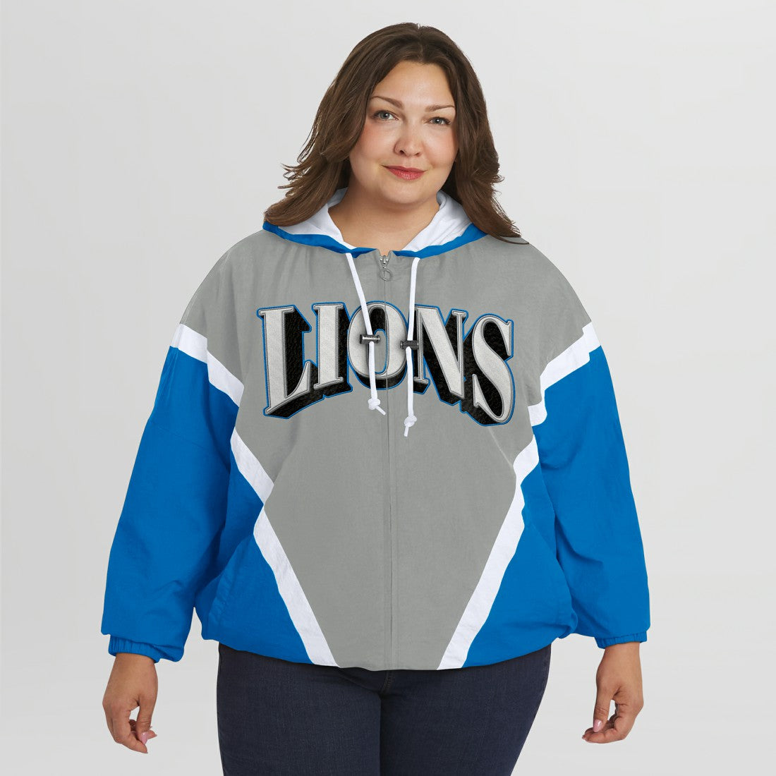 Detroit Lions WEAR by Erin Andrews Women's Plus Size Retro Crinkle Full-Zip Hoodie Windbreaker Jacket - Blue/Gray online