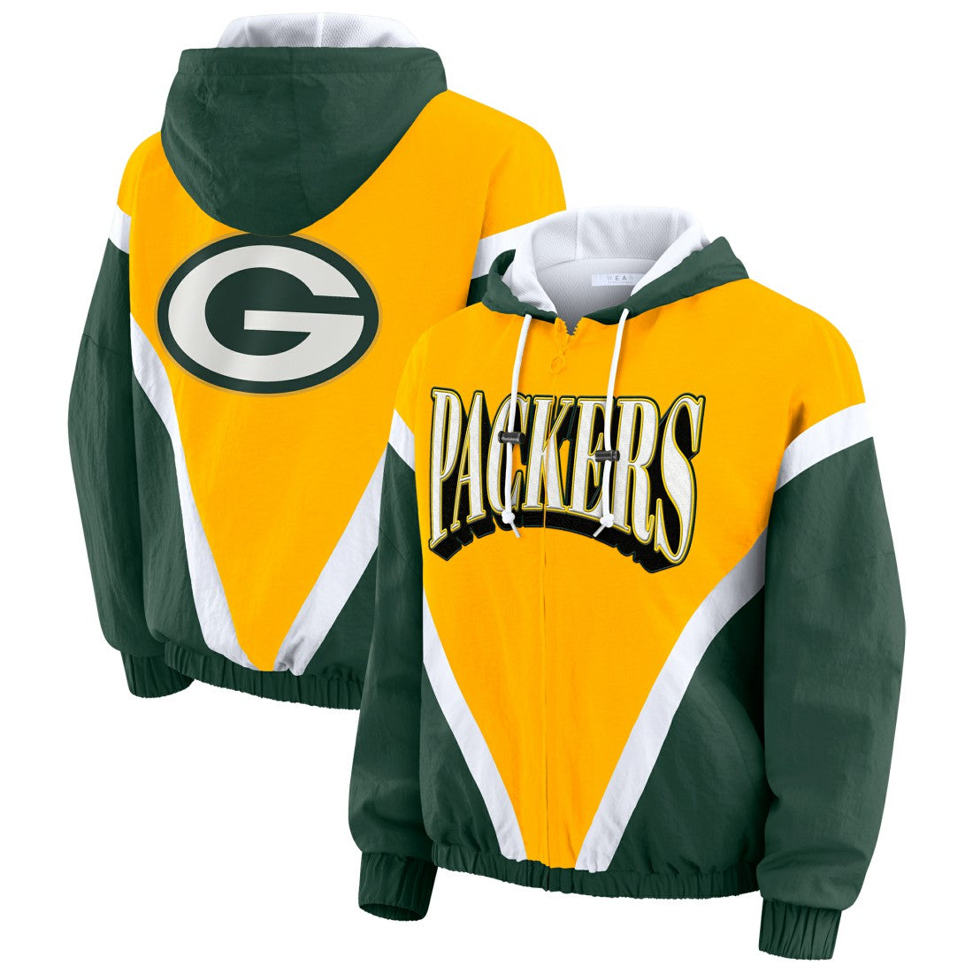 Green Bay Packers WEAR by Erin Andrews Women's Plus Size Retro Crinkle Full-Zip Hoodie Windbreaker Jacket - Gold/Green cheap