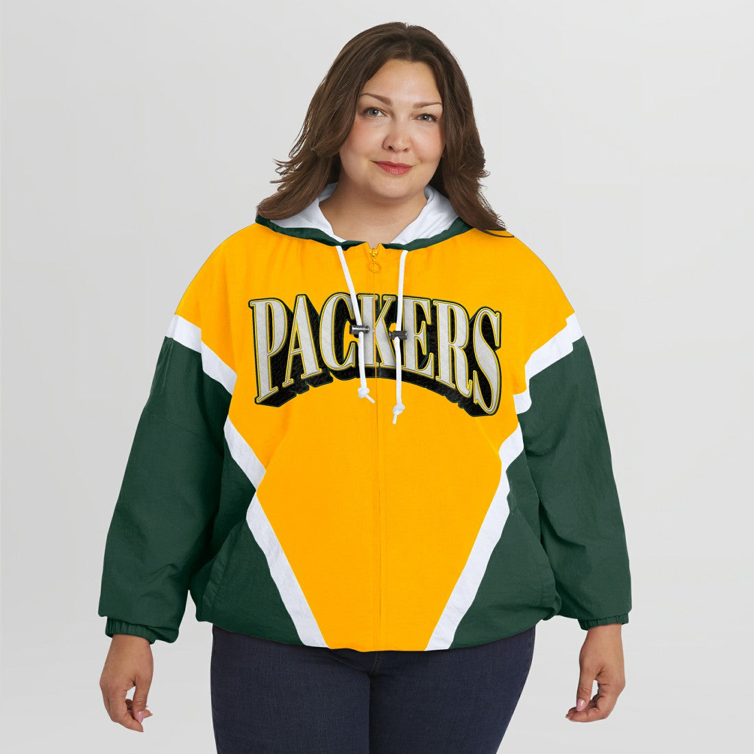 Green Bay Packers WEAR by Erin Andrews Women's Plus Size Retro Crinkle Full-Zip Hoodie Windbreaker Jacket - Gold/Green cheap