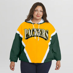 Green Bay Packers WEAR by Erin Andrews Women's Plus Size Retro Crinkle Full-Zip Hoodie Windbreaker Jacket - Gold/Green cheap