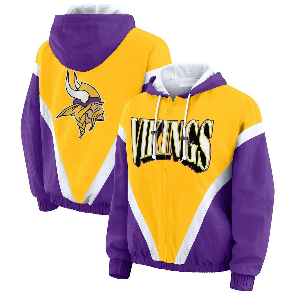 Minnesota Vikings WEAR by Erin Andrews Women's Plus Size Retro Crinkle Full-Zip Hoodie Windbreaker Jacket - Gold/Purple cheap
