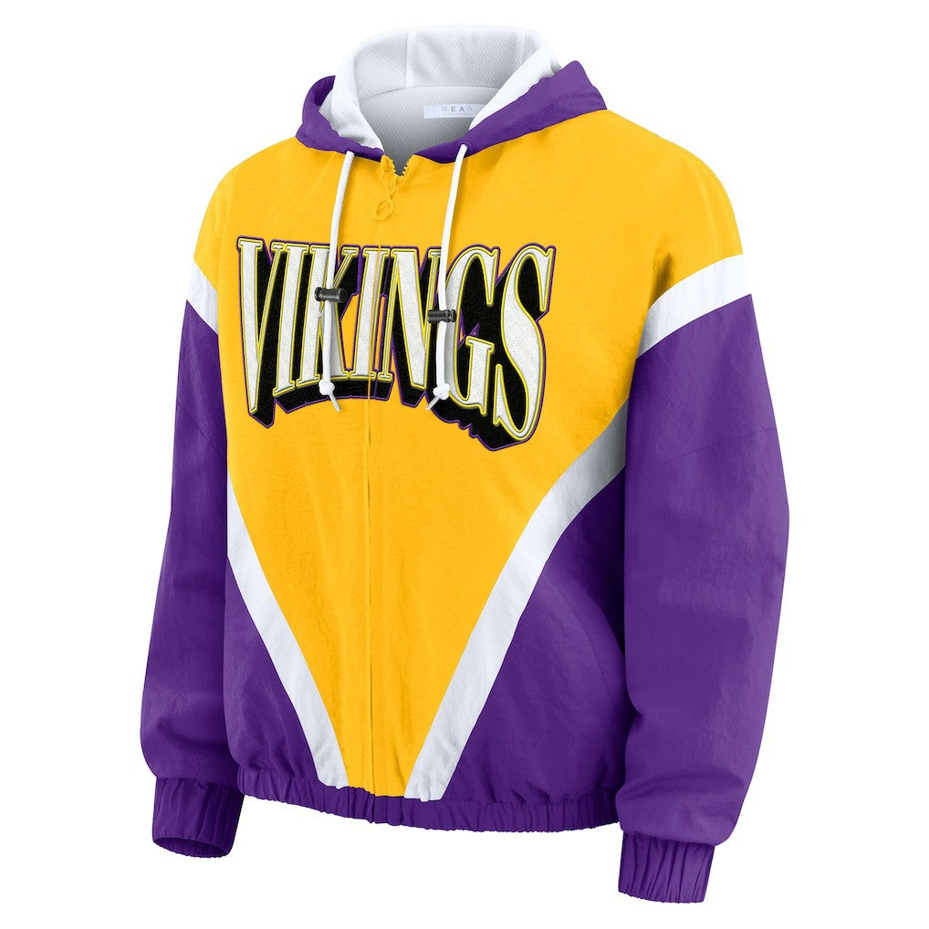 Minnesota Vikings WEAR by Erin Andrews Women's Plus Size Retro Crinkle Full-Zip Hoodie Windbreaker Jacket - Gold/Purple cheap