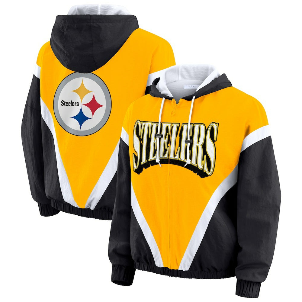 Pittsburgh Steelers WEAR by Erin Andrews Women's Plus Size Retro Crinkle Full-Zip Hoodie Windbreaker Jacket - Gold/Black on sale