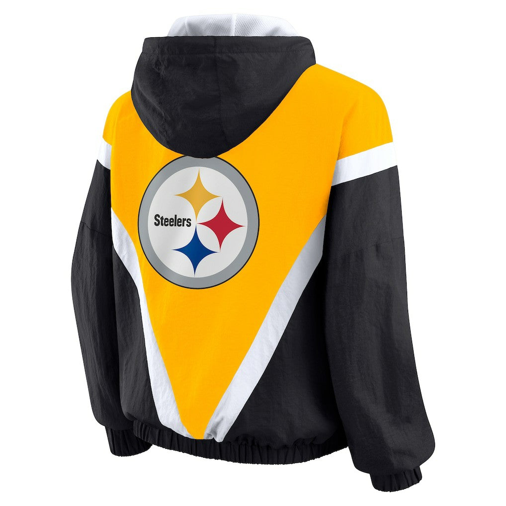 Pittsburgh Steelers WEAR by Erin Andrews Women's Plus Size Retro Crinkle Full-Zip Hoodie Windbreaker Jacket - Gold/Black on sale