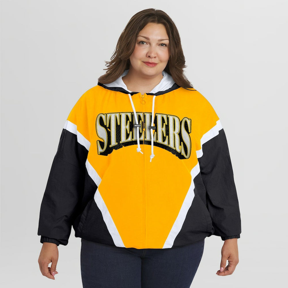 Pittsburgh Steelers WEAR by Erin Andrews Women's Plus Size Retro Crinkle Full-Zip Hoodie Windbreaker Jacket - Gold/Black on sale