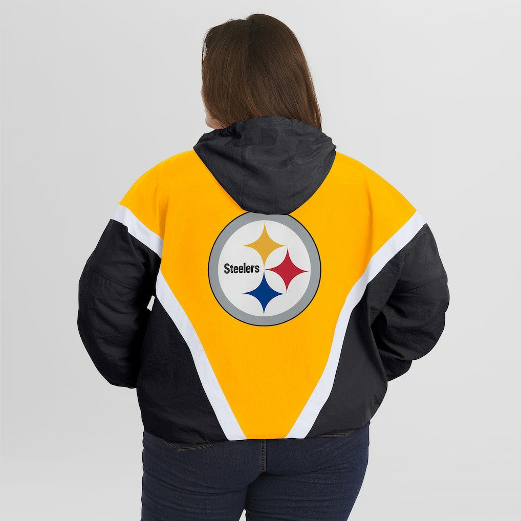 Pittsburgh Steelers WEAR by Erin Andrews Women's Plus Size Retro Crinkle Full-Zip Hoodie Windbreaker Jacket - Gold/Black on sale
