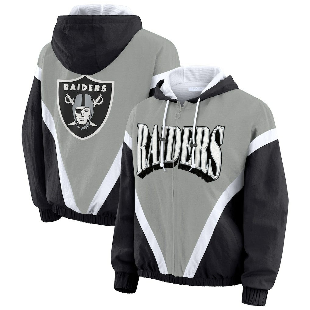 Las Vegas Raiders WEAR by Erin Andrews Women's Plus Size Retro Crinkle Full-Zip Hoodie Windbreaker Jacket - Black/Gray for sale