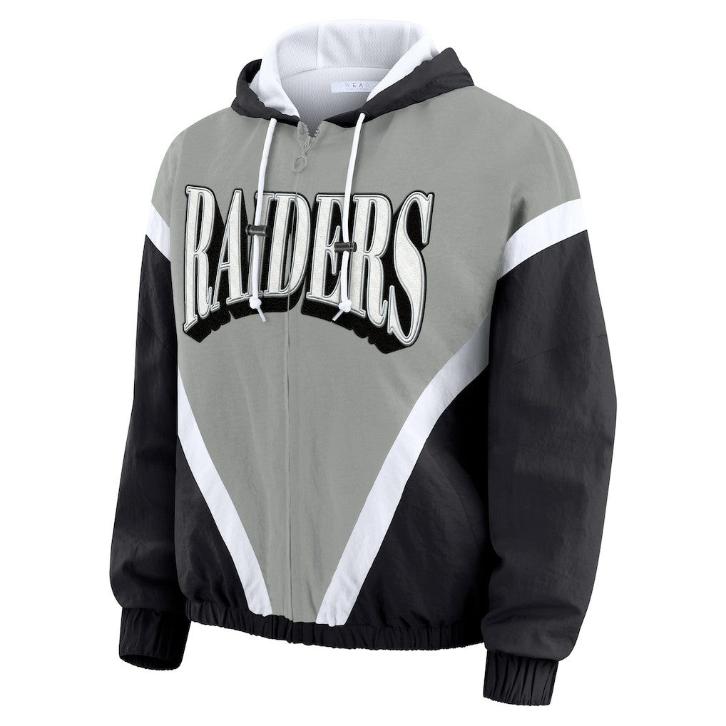 Las Vegas Raiders WEAR by Erin Andrews Women's Plus Size Retro Crinkle Full-Zip Hoodie Windbreaker Jacket - Black/Gray for sale
