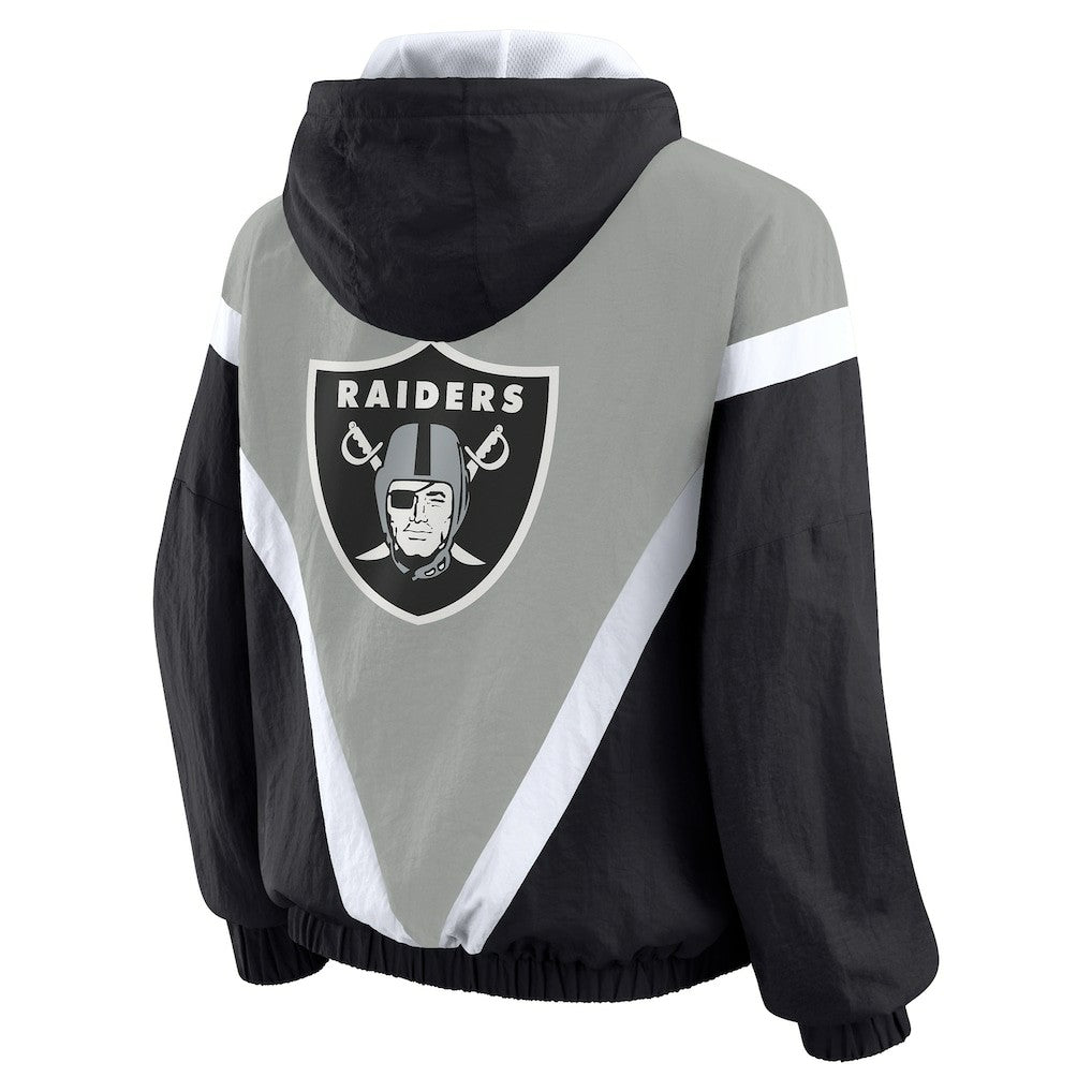 Las Vegas Raiders WEAR by Erin Andrews Women's Plus Size Retro Crinkle Full-Zip Hoodie Windbreaker Jacket - Black/Gray for sale