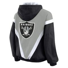 Las Vegas Raiders WEAR by Erin Andrews Women's Plus Size Retro Crinkle Full-Zip Hoodie Windbreaker Jacket - Black/Gray for sale