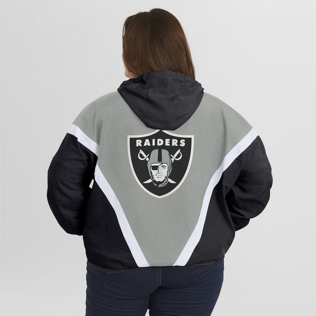 Las Vegas Raiders WEAR by Erin Andrews Women's Plus Size Retro Crinkle Full-Zip Hoodie Windbreaker Jacket - Black/Gray for sale