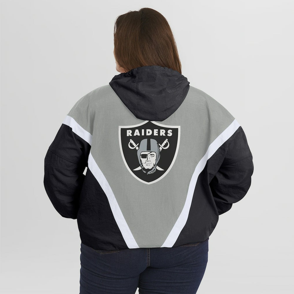 Las Vegas Raiders WEAR by Erin Andrews Women's Plus Size Retro Crinkle Full-Zip Hoodie Windbreaker Jacket - Black/Gray for sale