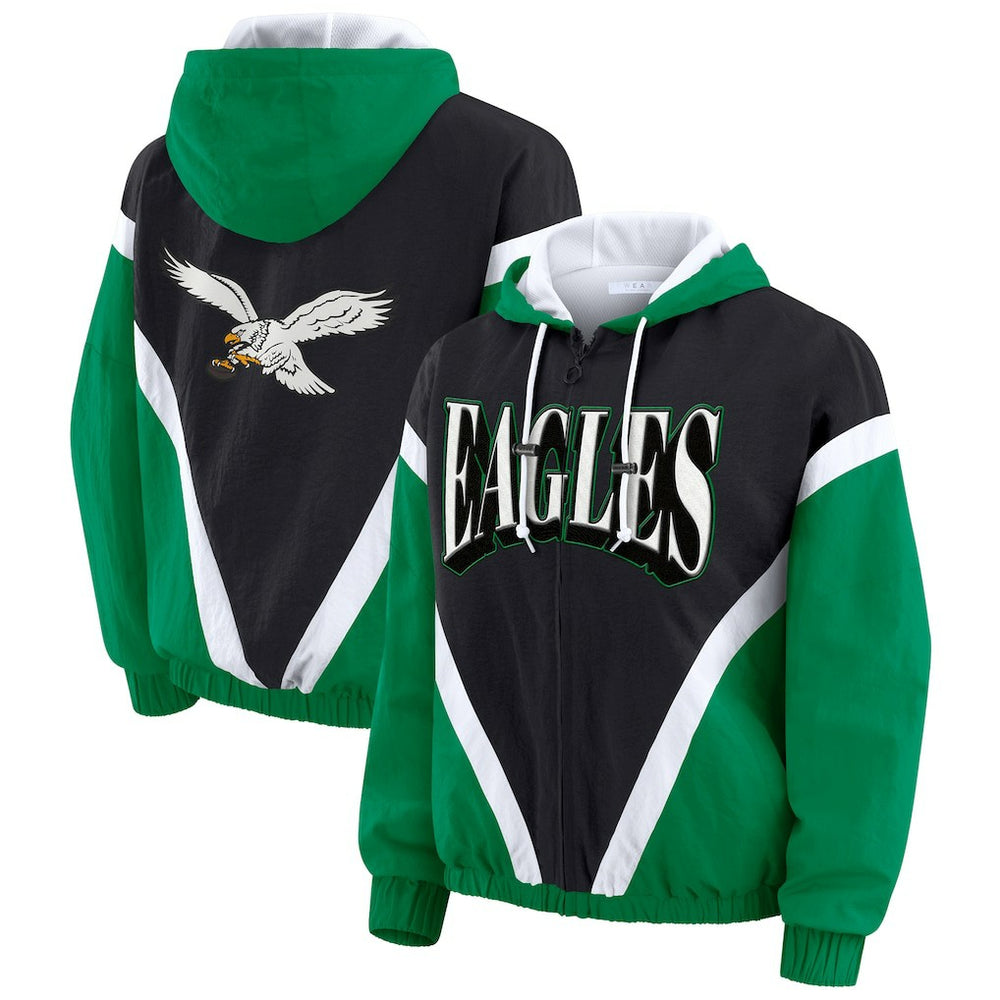 Philadelphia Eagles WEAR by Erin Andrews Women's Plus Size Retro Crinkle Full-Zip Hoodie Windbreaker Jacket - Kelly Green/Black outlet