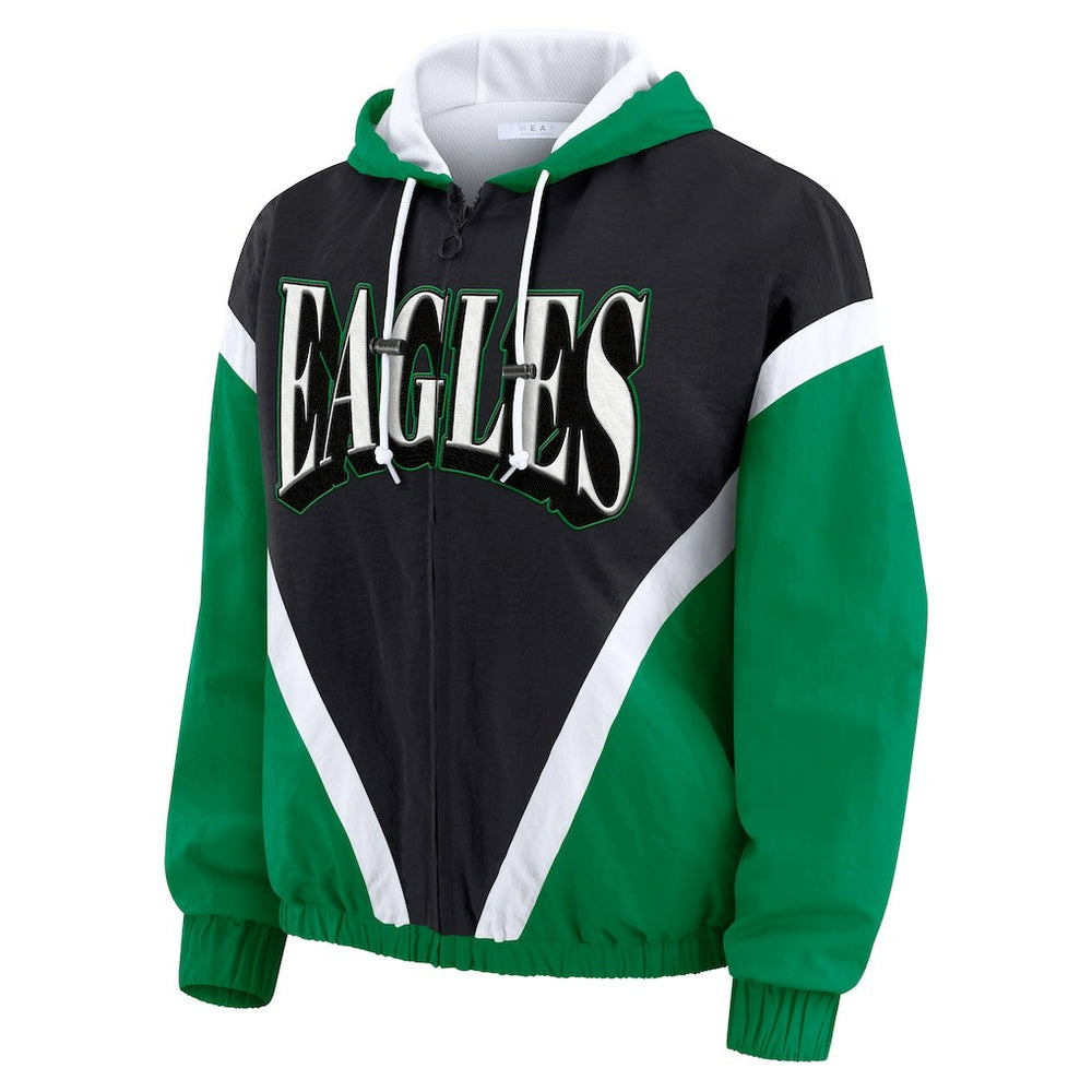 Philadelphia Eagles WEAR by Erin Andrews Women's Plus Size Retro Crinkle Full-Zip Hoodie Windbreaker Jacket - Kelly Green/Black outlet