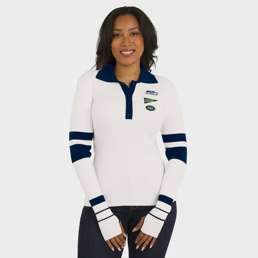 Seattle Seahawks WEAR by Erin Andrews Women's Ribbed Henley Polo Sweater - White cheap