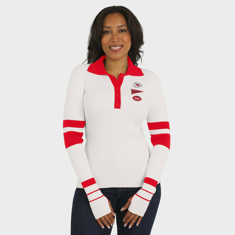 Kansas City Chiefs WEAR by Erin Andrews Women's Ribbed Henley Polo Sweater - White on sale