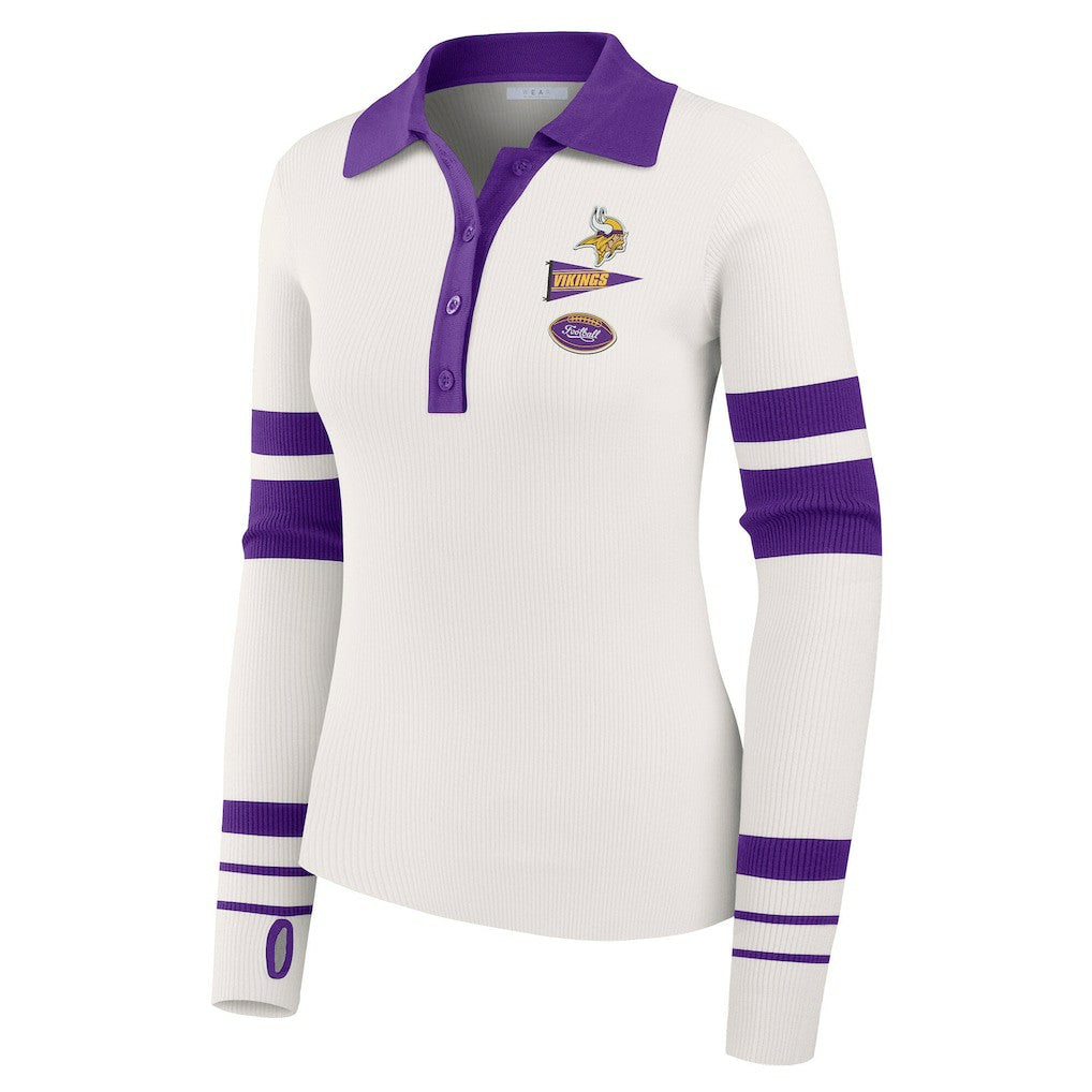 Minnesota Vikings WEAR by Erin Andrews Women's Ribbed Henley Polo Sweater - White on sale