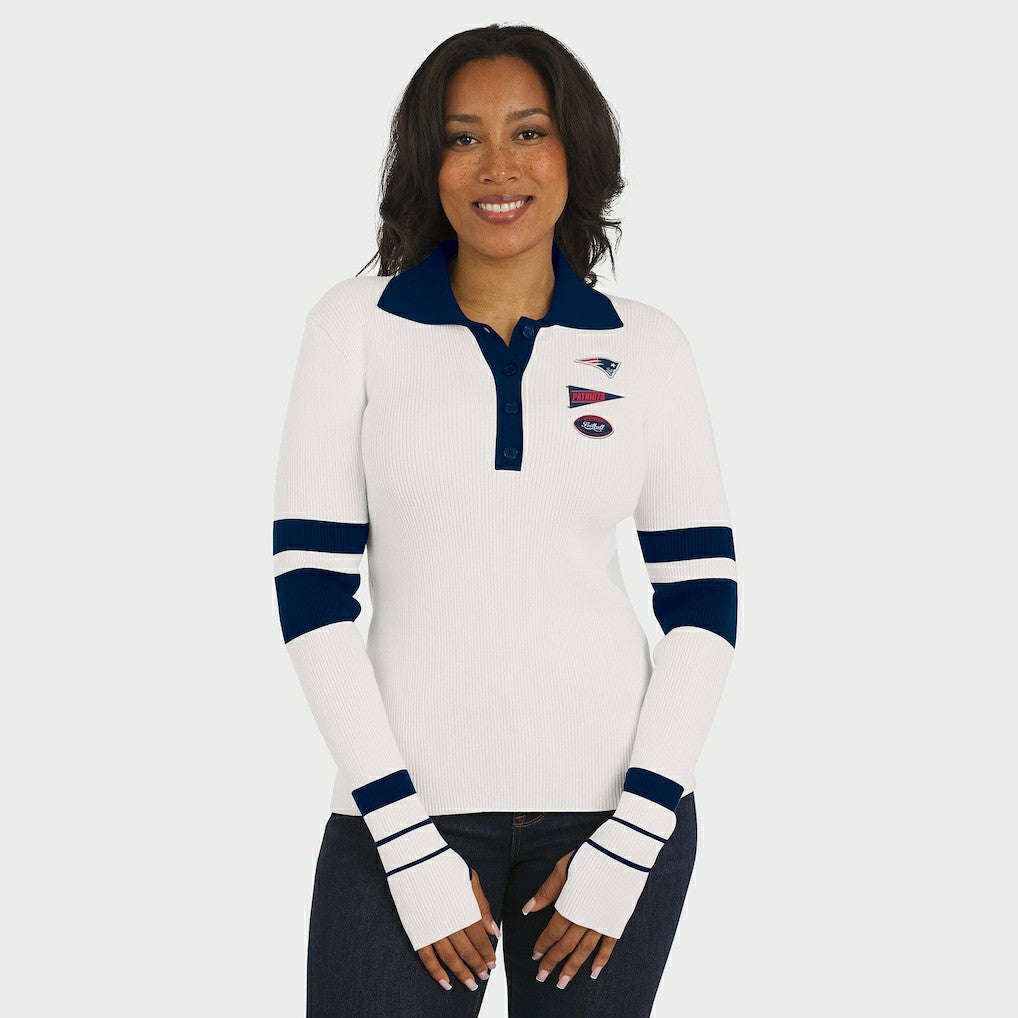 New England Patriots WEAR by Erin Andrews Women's Ribbed Henley Polo Sweater - White discount