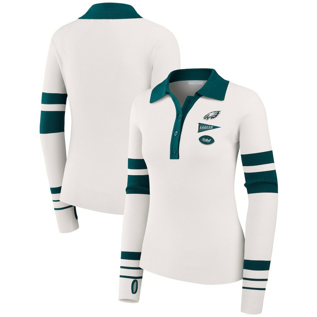 Philadelphia Eagles WEAR by Erin Andrews Women's Ribbed Henley Polo Sweater - White discount