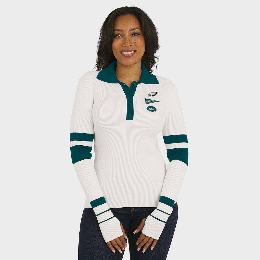 Philadelphia Eagles WEAR by Erin Andrews Women's Ribbed Henley Polo Sweater - White discount