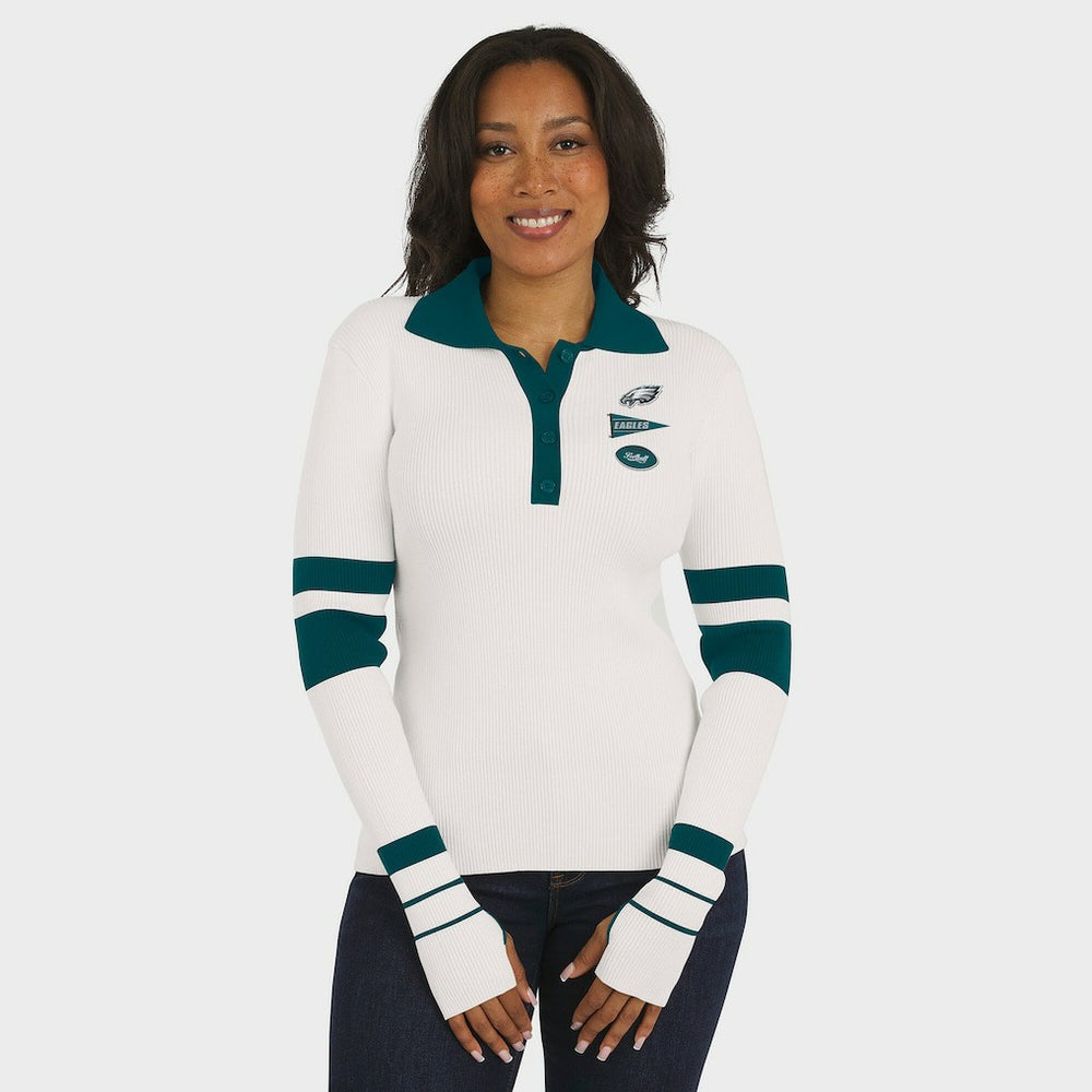 Philadelphia Eagles WEAR by Erin Andrews Women's Ribbed Henley Polo Sweater - White discount