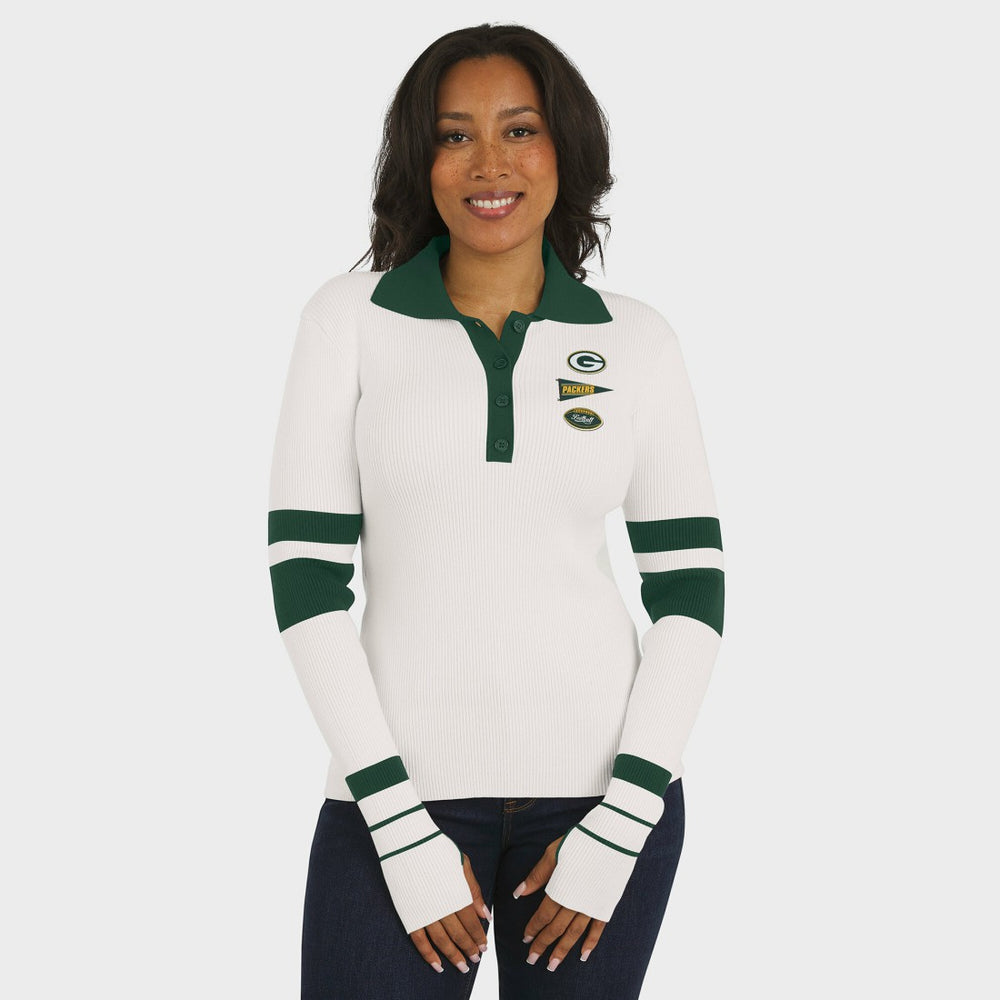Green Bay Packers WEAR by Erin Andrews Women's Ribbed Henley Polo Sweater - White online