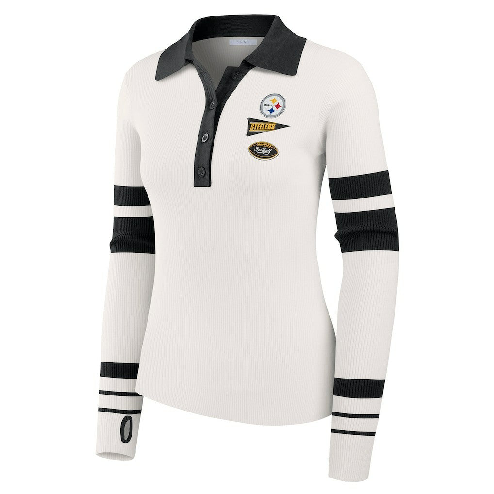 Pittsburgh Steelers WEAR by Erin Andrews Women's Ribbed Henley Polo Sweater - White for sale