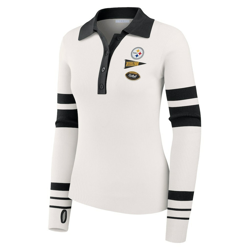 Pittsburgh Steelers WEAR by Erin Andrews Women's Ribbed Henley Polo Sweater - White for sale