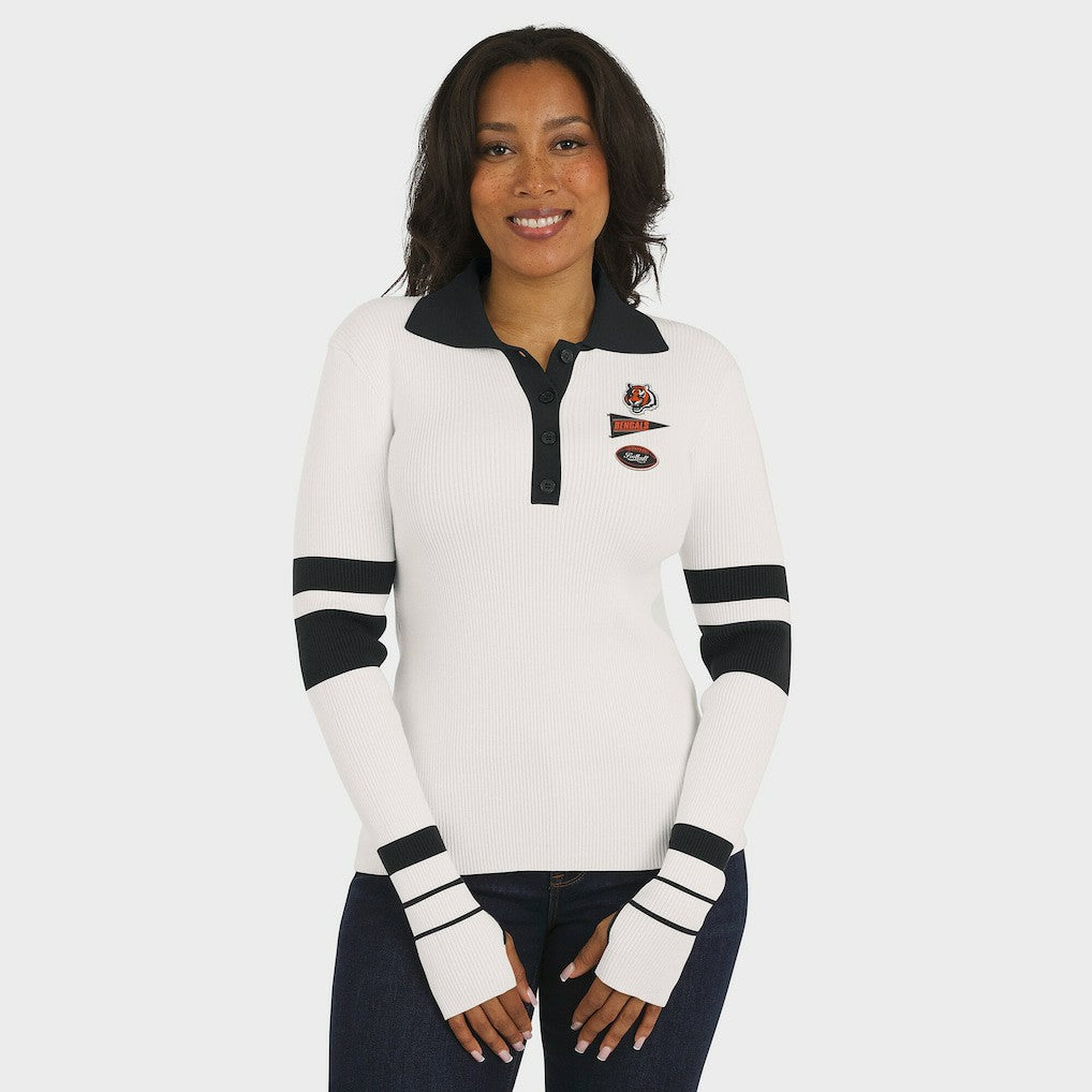 Cincinnati Bengals WEAR by Erin Andrews Women's Ribbed Henley Polo Sweater - White for sale