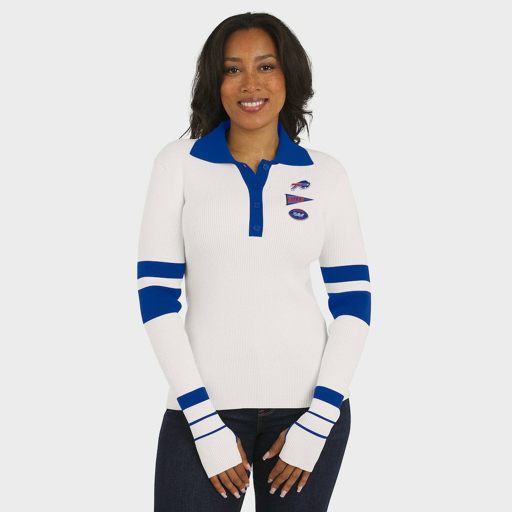 Buffalo Bills WEAR by Erin Andrews Women's Ribbed Henley Polo Sweater - White discount