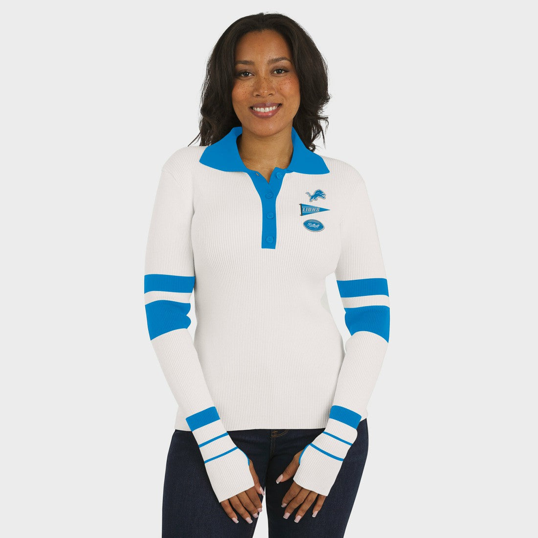 Detroit Lions WEAR by Erin Andrews Women's Ribbed Henley Polo Sweater - White on sale