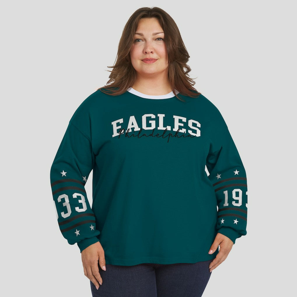 Philadelphia Eagles WEAR by Erin Andrews Women's Plus Size Sport Long-Sleeve T-Shirt - Midnight Green for sale